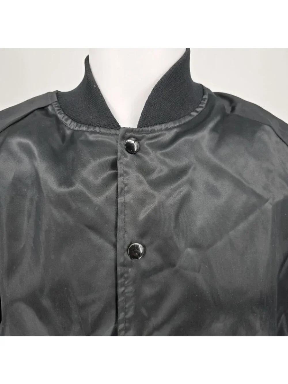Vintage 1980s Rapco Cable Back Graphic Black Nylon Satin Bomber Jacket (L)